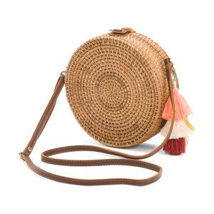 Round Rattan Crossbody With Multi Tassel